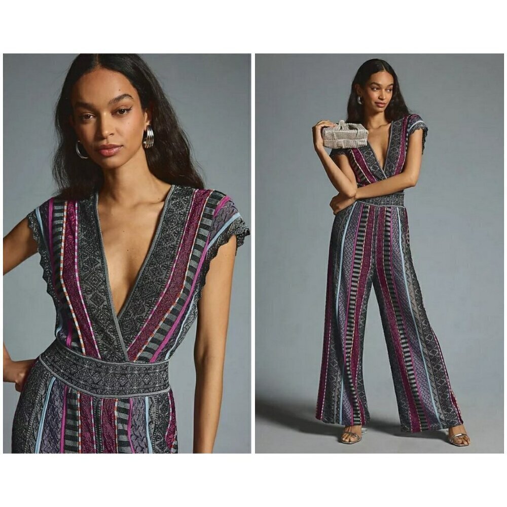 💕ANTHROPOLOGIE💕 Cecilia Prado Striped Deep-V Wide leg Jumpsuit XS NWT
